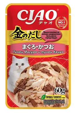 Inaba Ciao Kinnodashi влажный корм для кошек тунец Магуро и тунец Кацуо кусочки в желе (пауч)