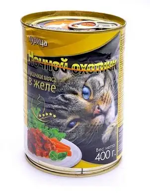 Ночной охотник консервы для взрослых кошек кусочки в желе для кошек с курицей 